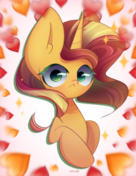 Size: 1700x2200 | Tagged: safe, artist:miryelis, imported from derpibooru, sunset shimmer, pony, unicorn, big ears, blushing, bust, cute, heart, impossibly large ears, short hair, simple background, solo, surprised