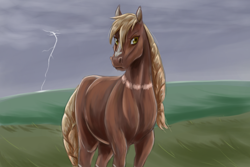 Size: 1800x1200 | Tagged: safe, artist:redahfuhrerking, imported from derpibooru, oc, oc only, oc:sila, horse, them's fightin' herds, community related, female, grass, lightning, solo, tfh oc
