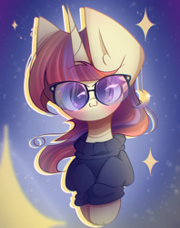 Size: 1700x2150 | Tagged: safe, artist:miryelis, imported from derpibooru, moondancer, pony, unicorn, big ears, bust, clothes, cute, glasses, impossibly large ears, looking at you, simple background, sky, smiling, solo, stars, sweater