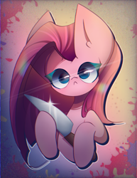 Size: 1700x2200 | Tagged: safe, artist:miryelis, imported from derpibooru, pinkie pie, earth pony, pony, big ears, bust, cute, cuteamena, diapinkes, glowing, glowing eyes, holding, impossibly large ears, knife, looking at you, pinkamena diane pie, simple background, solo, straight hair
