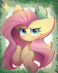 Size: 1700x2150 | Tagged: safe, artist:miryelis, imported from derpibooru, fluttershy, butterfly, pegasus, pony, big ears, blushing, bust, cute, female, impossibly large ears, leaves, long hair, looking at you, mare, shy, shyabetes, simple background, solo