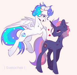 Size: 1714x1674 | Tagged: safe, artist:svetochek, imported from derpibooru, oc, oc only, oc:fantein, oc:vailre février de vilore, pegasus, pony, unicorn, accessory, feather, flower, flower in hair, flying, heart, looking at each other, looking at someone, one eye closed, shipping, walking, wink
