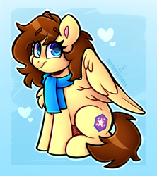 Size: 2669x3005 | Tagged: safe, artist:shyshyoctavia, imported from derpibooru, oc, oc only, pegasus, pony, blue background, blue eyes, brown hair, brown tail, clothes, ears, ears up, female, hair, heart, high res, mane, mare, scarf, simple background, sitting, smiling, solo, tail, wings