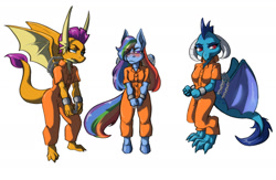 Size: 1866x1217 | Tagged: safe, artist:megahand6, imported from derpibooru, princess ember, rainbow dash, smolder, anthro, dragon, pegasus, unguligrade anthro, bound wings, clothes, cuffed, cuffs, dragoness, female, jumpsuit, never doubt rainbowdash69's involvement, prison outfit, prisoner ember, prisoner rd, prisoner smolder, simple background, trio, white background, wings