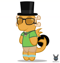 Size: 1255x1317 | Tagged: safe, artist:wheatley r.h., derpibooru exclusive, imported from derpibooru, oc, oc only, oc:myoozik the dragon, dragon, chibi, clothes, dragon oc, glasses, hat, male, non-pony oc, simple background, solo, top hat, vector, watermark, white background