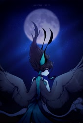 Size: 2791x4096 | Tagged: safe, artist:kutoshi, imported from derpibooru, oc, oc only, anthro, female, flying, hair, looking at you, looking back, looking back at you, mane, moon, solo, spread wings, wings