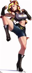 Size: 512x1152 | Tagged: safe, imported from derpibooru, sunset shimmer, human, equestria girls, ai content, ai generated, boots, breasts, clothes, female, generator:novelai, generator:stable diffusion, high heel boots, martial arts, muay thai, muscles, platform boots, shoes, shorts, simple background, solo, white background