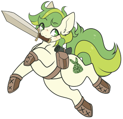 Size: 2521x2420 | Tagged: safe, artist:koboldcourier, imported from derpibooru, oc, oc only, oc:karakusa, earth pony, pony, bag, mouth hold, saddle bag, scroll, simple background, solo, sword, transparent background, weapon