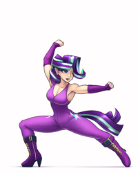 Size: 512x640 | Tagged: safe, imported from derpibooru, starlight glimmer, human, ai content, ai generated, bare shoulders, boots, breasts, butterface, cleavage, clothes, female, fighting stance, generator:novelai, generator:stable diffusion, high heel boots, humanized, kung fu, martial arts, shoes, simple background, sleeveless, solo, white background
