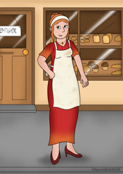 Size: 1024x1449 | Tagged: safe, artist:sparkbolt3020, imported from derpibooru, dragon lord torch, human, apron, bakery, bread, clothes, commission, dragon to human, dress, food, hand on hip, high heels, humanized, jewelry, male to female, necklace, pastries, reality shift, red hair, rule 63, shoes, story included, transformation, transformation sequence, transgender transformation