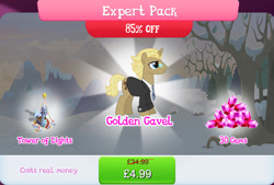 Size: 1263x854 | Tagged: safe, imported from derpibooru, golden gavel, vance van vendington, pony, unicorn, bundle, clothes, costs real money, english, gameloft, gem, glasses, horn, male, my little pony: magic princess, necktie, numbers, official, solo, solo focus, stairs, stallion, suit, text, tower