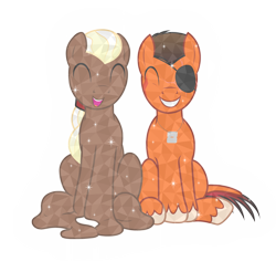 Size: 2216x2179 | Tagged: safe, artist:badumsquish, derpibooru exclusive, imported from derpibooru, oc, oc only, oc:chocolate medley, oc:rustback, crystal pony, goo, goo pony, monster pony, original species, tatzlpony, derpibooru community collaboration, 2023 community collab, bashful, buzz cut, chocolate, clothes, crystal pony oc, crystal tatzlpony, crystallized, dog tags, duo, eyepatch, eyes closed, food, glowing, grin, looking at you, male, melting, not chocolate, open mouth, ponytail, scar, shiny, side by side, simple background, sitting, smiling, sparkling, squee, transparent background, transparent flesh, unshorn fetlocks