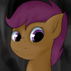Size: 2000x2000 | Tagged: safe, artist:reinbou, imported from derpibooru, scootaloo, pegasus, pony, dark, female, filly, foal, looking at you, solo