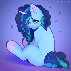 Size: 2000x2000 | Tagged: safe, artist:villjulie, imported from derpibooru, pony, unicorn, blue background, coat markings, colored eyebrows, colored horn, colored pinnae, cute, droplet, ear cleavage, female, g5, high res, horn, looking at you, looking back, looking back at you, mare, misty brightdawn, mistybetes, sad, simple background, sitting, socks (coat markings), solo, unshorn fetlocks