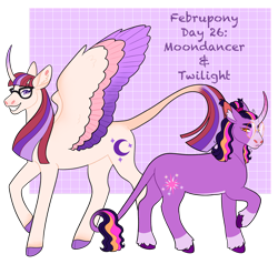 Size: 1280x1216 | Tagged: safe, artist:s0ftserve, imported from derpibooru, moondancer, twilight sparkle, alicorn, pony, unicorn, alicornified, alternate universe, colored wings, curved horn, horn, moondancercorn, multicolored wings, race swap, role reversal, simple background, transparent background, unicorn twilight, wings