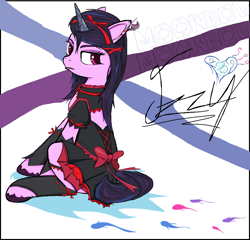 Size: 1722x1650 | Tagged: safe, artist:sallycars, imported from derpibooru, izzy moonbow, pony, unicorn, abstract background, alternate hairstyle, black mane, female, g5, goth, goth izzy, looking at you, mare, ms paint, solo, unshorn fetlocks
