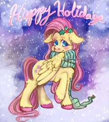 Size: 1342x1507 | Tagged: safe, artist:twiddletwum, imported from derpibooru, fluttershy, pegasus, pony, blushing, christmas, clothes, cute, female, floppy ears, happy holidays, holiday, holly, mare, scarf, shyabetes, snow, snowfall, solo, striped scarf, unshorn fetlocks