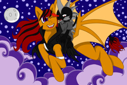 Size: 900x600 | Tagged: safe, artist:darknazawrath, imported from derpibooru, oc, oc only, bat pony, dragon, pony, bat pony oc, bat wings, clothes, dragon oc, full moon, male, moon, night, non-pony oc, riding, smiling, stars, story included, wings