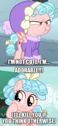 Size: 254x546 | Tagged: safe, edit, edited screencap, imported from derpibooru, screencap, cozy glow, pegasus, pony, frenemies (episode), marks for effort, angry, bait and switch, bow, caption, clothes, comic, cozy glow is not amused, cozybetes, cute, female, filly, foal, hair bow, image macro, imgflip, screencap comic, solo, tail, tail bow, text, unamused, vein, winter outfit