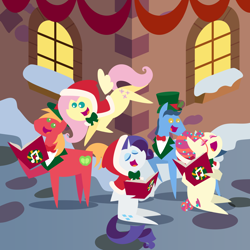 Size: 2160x2160 | Tagged: safe, anonymous artist, imported from derpibooru, big macintosh, fluttershy, rarity, toe-tapper, torch song, earth pony, pegasus, pony, series:fm holidays, series:hearth's warming advent calendar 2022, advent calendar, book, bowtie, caroling, christmas, eyes closed, female, fluttermac, hat, high res, holiday, holly, hood, lineless, male, mare, open mouth, open smile, pointy ponies, ponytones, shawl, shipping, singing, smiling, snow, stallion, straight, top hat