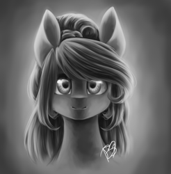Size: 2015x2044 | Tagged: safe, artist:prettyshinegp, imported from derpibooru, oc, oc only, earth pony, pony, bust, earth pony oc, female, gradient background, grayscale, mare, monochrome, signature, smiling, solo