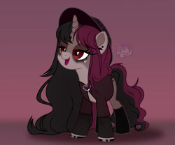 Size: 1280x1067 | Tagged: safe, artist:emperor-anri, imported from derpibooru, oc, oc only, pony, unicorn, beauty mark, bedroom eyes, cardigan, clothes, colored hooves, ear piercing, eyeshadow, female, hat, heart, hoof polish, horn, long mane, makeup, mare, piercing, red eyes, smiling, socks, solo, unicorn oc