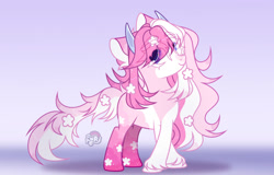 Size: 1280x820 | Tagged: safe, artist:emperor-anri, imported from derpibooru, oc, oc only, pony, ethereal mane, eye clipping through hair, female, horns, mare, smiling, solo, starry mane, unshorn fetlocks