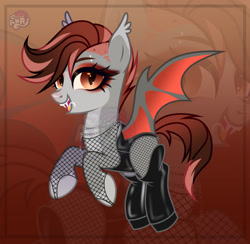 Size: 1280x1250 | Tagged: safe, artist:emperor-anri, imported from derpibooru, oc, oc only, bat pony, pony, bat pony oc, chains, clothes, cute, cute little fangs, ear fluff, eyelashes, eyeshadow, fangs, female, fishnets, jewelry, latex, latex socks, lip piercing, makeup, mare, necklace, piercing, shiny, slit pupils, smiling, socks, solo, zoom layer