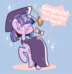 Size: 2537x2603 | Tagged: safe, artist:typhwosion, imported from derpibooru, twilight sparkle, pony, :d, cape, clothes, graduation cap, hat, one eye closed, open mouth, open smile, positive ponies, smiling, solo, sparkles