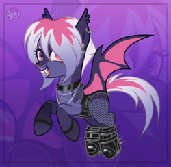 Size: 1280x1250 | Tagged: safe, artist:emperor-anri, imported from derpibooru, oc, oc only, bat pony, pony, bat pony oc, boots, chains, choker, cute, cute little fangs, ear fluff, ear piercing, earring, eyelashes, eyeshadow, fangs, female, fishnets, flying, jewelry, makeup, mare, nose piercing, piercing, shoes, slit pupils, smiling, solo, zoom layer