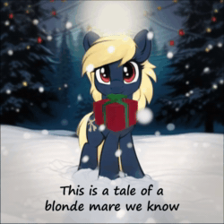 Size: 800x800 | Tagged: safe, artist:hazy skies, edit, imported from derpibooru, oc, oc only, oc:bone stealer, earth pony, pony, ai content, ai generated, animated, blonde, blonde spooky bone stealer, bone, christmas, cute, cutie mark, fairy lights, female, holding, holiday, looking at you, mare, present, red eyes, reformed, snow, snowfall, solo, song, sound, synthesizer, tree, video, webm