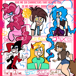 Size: 640x640 | Tagged: safe, artist:carconutty, imported from derpibooru, pinkie pie, earth pony, human, pony, squirrel, six fanarts, arcane, clothes, crossover, cute, dc comics, diapinkes, dress, female, gloves, grin, harley quinn, jacket, jinx (league of legends), league of legends, leather, leather jacket, mare, marvel, molly mcgee, pants, shirt, shorts, smiling, squirrel girl, star butterfly, star vs the forces of evil, t-shirt, tail, tattoo, the ghost and molly mcgee, vest