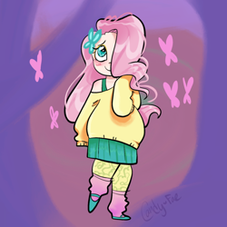 Size: 640x640 | Tagged: safe, artist:carconutty, imported from derpibooru, fluttershy, human, blushing, bra, bra strap, clothes, cute, female, flats, hair over one eye, humanized, leg warmers, leggings, shoes, shyabetes, skirt, solo, sweater, sweatershy, underwear