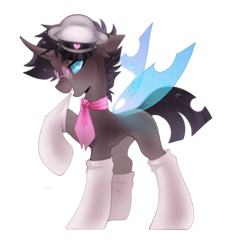Size: 800x867 | Tagged: safe, artist:zlatavector, imported from derpibooru, oc, oc only, oc:rosie clockwork, changeling, pony, derpibooru community collaboration, 2023 community collab, changeling oc, clothes, commission, femboy, glasses, hat, male, mouth hold, scarf, seductive, simple background, slim, socks, solo, thin, transparent background