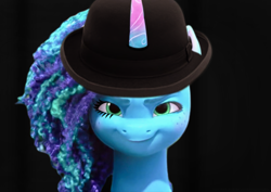 Size: 3048x2160 | Tagged: safe, artist:ejlightning007arts, edit, edited screencap, imported from derpibooru, screencap, pony, unicorn, spoiler:g5, 3d, a clockwork orange, alex delarge, bowler hat, crossover, dark room, evil grin, eyelashes, freckles, g5, grin, hat, izzy does it, looking at you, misty brightdawn, my little pony: make your mark, my little pony: make your mark chapter 2, reference, smiling, solo, staring into your soul