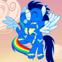 Size: 720x720 | Tagged: safe, artist:mlplary6, imported from derpibooru, rainbow dash, soarin', pegasus, pony, animated, caress, carrying, clothes, duo, eyes closed, female, flying, gif, heart, male, mare, shipping, smiling, soarindash, stallion, straight, sunset, uniform, wonderbolts uniform