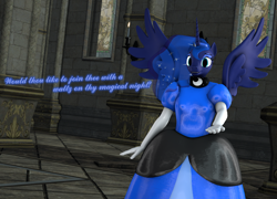 Size: 3000x2160 | Tagged: safe, artist:korizen, imported from derpibooru, princess luna, alicorn, anthro, 3d, clothes, dress, eyeshadow, female, gloves, gown, grammar error, inviting, makeup, solo, source filmmaker, text, ye olde butcherede englishe, ye olde english