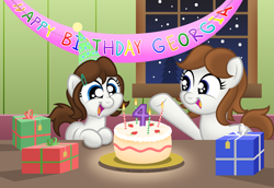 Size: 3547x2440 | Tagged: safe, artist:aleximusprime, imported from derpibooru, oc, oc only, pony, birthday, birthday cake, birthday candles, cake, candle, commission, cute, duo, food, happy birthday, hat, open mouth, open smile, party hat, present, smiling, snow