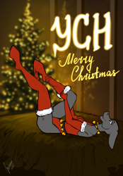 Size: 1640x2360 | Tagged: safe, artist:stirren, imported from derpibooru, anthro, unguligrade anthro, bed, bells, christmas, christmas tree, clothes, commission, dressing up, female, holiday, jingle bells, leotard, lying down, on back, onesie, pine tree, pinup, pulling, socks, solo, tree, your character here