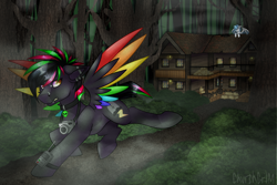 Size: 3000x2000 | Tagged: safe, artist:chvrchgrim, imported from derpibooru, oc, oc only, oc:krypt, oc:peace keeper, bat pony, pegasus, pony, cabin, camera, colored wings, dark background, detailed background, duo, fog, forest, forest background, lip piercing, looking back, multicolored hair, multicolored wings, piercing, radio, running, running away, scared, spooky, spread wings, tree, wings