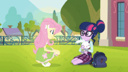 Size: 600x338 | Tagged: safe, imported from derpibooru, screencap, angel bunny, fluttershy, sci-twi, twilight sparkle, human, equestria girls, friendship games, animated, aura, backpack, clothes, crystal prep academy uniform, cute, cutie mark on clothes, gif, hairpin, levitation, magic, magic capture device, necktie, ponied up, school uniform, telekinesis, transformation