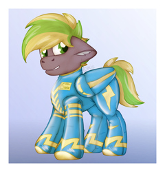 Size: 1920x2000 | Tagged: safe, artist:ebunix, imported from derpibooru, oc, oc:lightflare, pegasus, pony, bondage, bound wings, clothes, latex, latex suit, looking at you, pegasus oc, rubber, simple background, smiling, uniform, wings, wonderbolts uniform