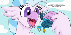 Size: 9000x4515 | Tagged: safe, artist:noblebrony317, imported from derpibooru, gallus, silverstream, griffon, hippogriff, absurd resolution, caught, caught by the tail, dangling, eyes open, fainted, female, giantess, gigastream, high res, holding, holding by the tail, in love, macro, macro/micro, male, mawshot, mouth, not vore, not what it looks like, open mouth, scared, shipping denied, story included, terrified, throat, unconscious, uvula, white eyes, wide eyes