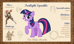 Size: 10100x6000 | Tagged: safe, artist:ponygamer2020, imported from derpibooru, twilight sparkle, pony, unicorn, bio, female, looking at you, mare, morrowind, oblivion, raised hoof, reference sheet, skyrim, smiling, smiling at you, solo, the elder scrolls, the elder scrolls: equestria, unicorn twilight, vector