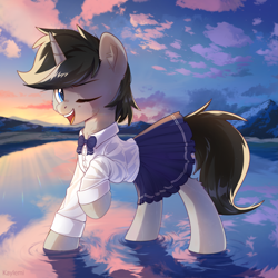 Size: 3067x3067 | Tagged: safe, artist:kaylemi, imported from derpibooru, oc, oc only, oc:cyan delta, pony, unicorn, clothes, cloud, crossdressing, cute, femboy, looking at you, male, morning, mountain, one eye closed, outdoors, scenery, school uniform, sky, stallion, twilight (astronomy), water
