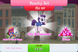 Size: 1266x853 | Tagged: safe, idw, imported from derpibooru, coloratura, earth pony, pony, bundle, bush, camera, chic soirée, clothes, costs real money, countess coloratura, curtains, ear piercing, earring, english, eyeshadow, female, gameloft, gem, idw showified, jewelry, makeup, mare, my little pony: magic princess, numbers, official, piercing, quill, sale, solo, solo focus, stage, text
