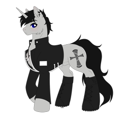 Size: 2563x2362 | Tagged: safe, artist:elberas, imported from derpibooru, oc, oc only, oc:black cross, pony, unicorn, boots, clothes, crucifix, ear piercing, jacket, jewelry, male, necklace, piercing, shoes, simple background, slim, solo, stallion, transparent background