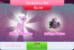 Size: 1266x860 | Tagged: safe, idw, imported from derpibooru, pegasus, pony, bundle, bush, costs real money, english, female, folded wings, gameloft, idw showified, jewelry, mare, my little pony: magic princess, necklace, numbers, official, pearl necklace, sale, sheer perfection, solo, solo focus, statue, text, vase, wings