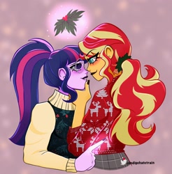 Size: 1708x1734 | Tagged: safe, artist:indigohatetrain, imported from derpibooru, sci-twi, sunset shimmer, twilight sparkle, human, equestria girls, alternate clothes, alternate hairstyle, black nail polish, christmas, christmas sweater, clothes, duo, female, hand on chin, holiday, holly, holly mistaken for mistletoe, imminent kissing, lesbian, magic, scitwishimmer, shipping, simple background, sunsetsparkle, sweater, telekinesis, turtleneck