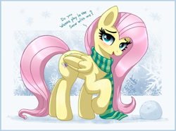 Size: 2222x1650 | Tagged: safe, artist:joakaha, imported from derpibooru, fluttershy, pegasus, pony, bronybait, clothes, cute, looking at you, open mouth, scarf, shyabetes, snow, snowball, solo, striped scarf, talking to viewer
